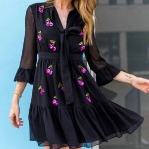 NWOT Kate Spade Black Chiffon Ruffle Mini Shirtdress Cherry Sequin BowTie M $428